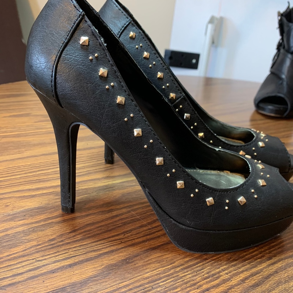 Fioni Black Patent Studded Peep Toe Stilettos
